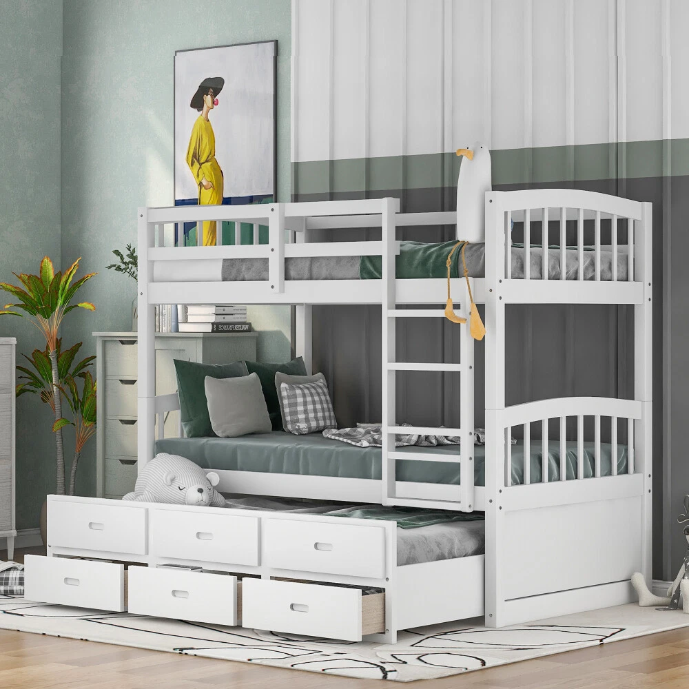 Twin over Twin Wood Bunk Bed with Trundle and Draw
